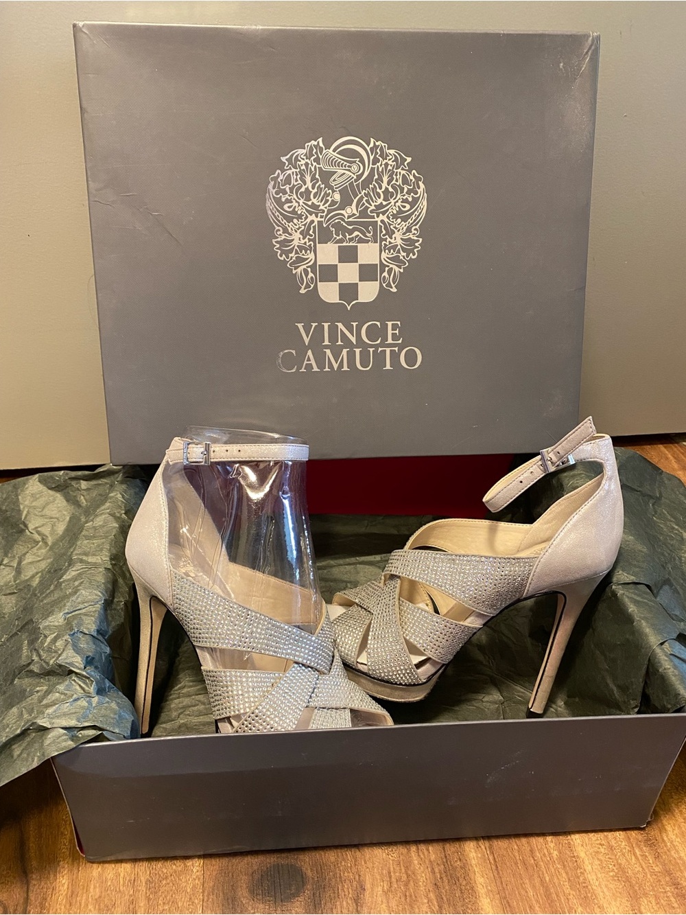 Vince Camuto Taupe Crisscross Ankle-Strap Stiletto Sandals